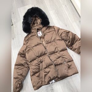 New Canada Attitude Brown Puffer Feather Jacket with Black Detachable Fur Hood